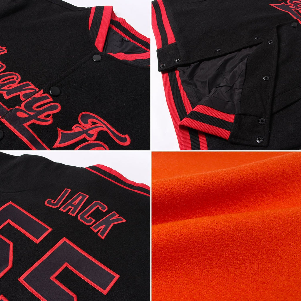 Custom Orange Black-Cream Bomber Full-Snap Varsity Letterman Two Tone Jacket photo 4