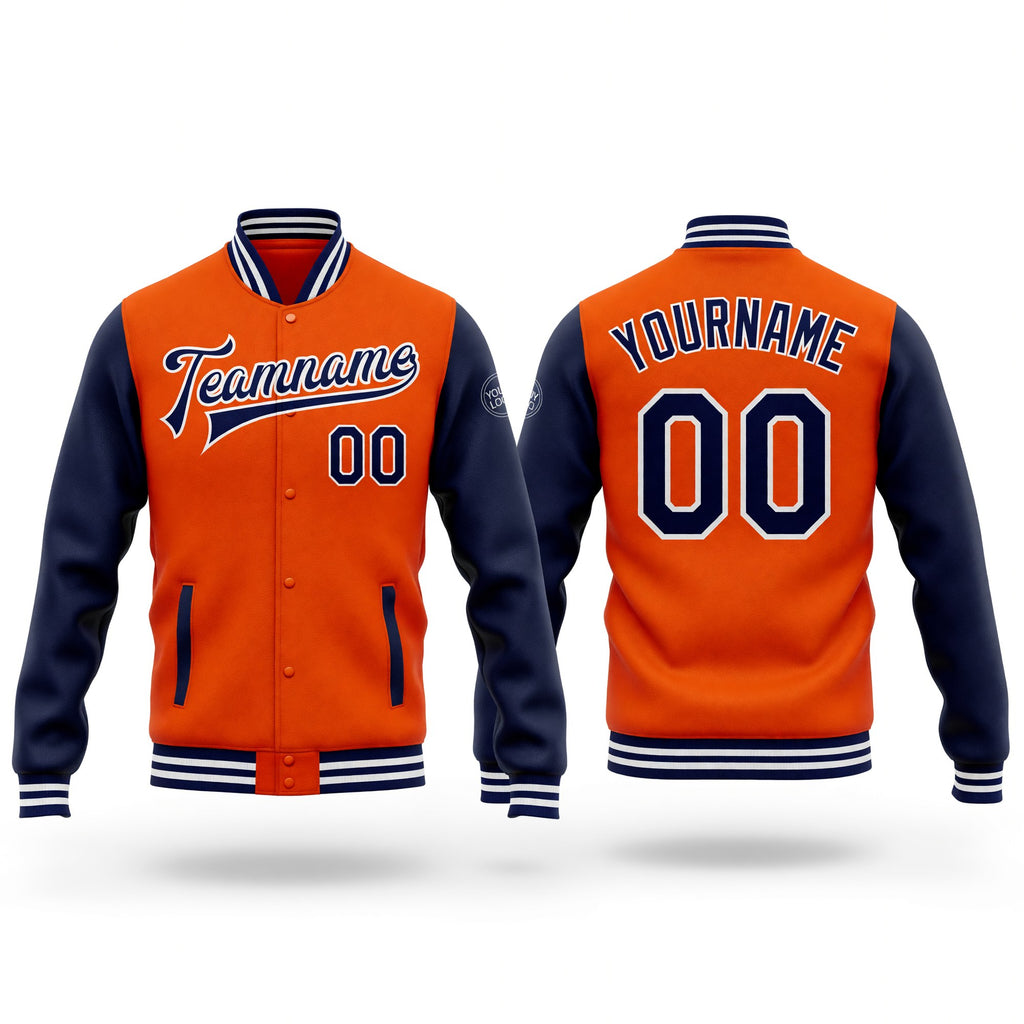 Custom Orange Navy-White Bomber Full-Snap Varsity Letterman Two Tone Jacket