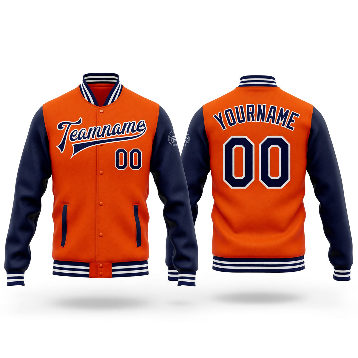 Custom Orange Navy-White Bomber Full-Snap Varsity Letterman Two Tone Jacket
