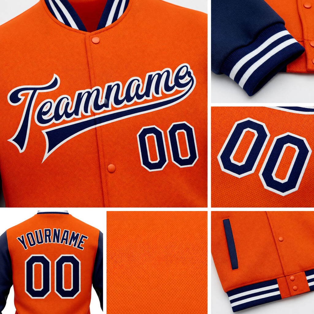 Custom Orange Navy-White Bomber Full-Snap Varsity Letterman Two Tone Jacket detail