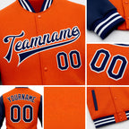 Custom Orange Navy-White Bomber Full-Snap Varsity Letterman Two Tone Jacket detail