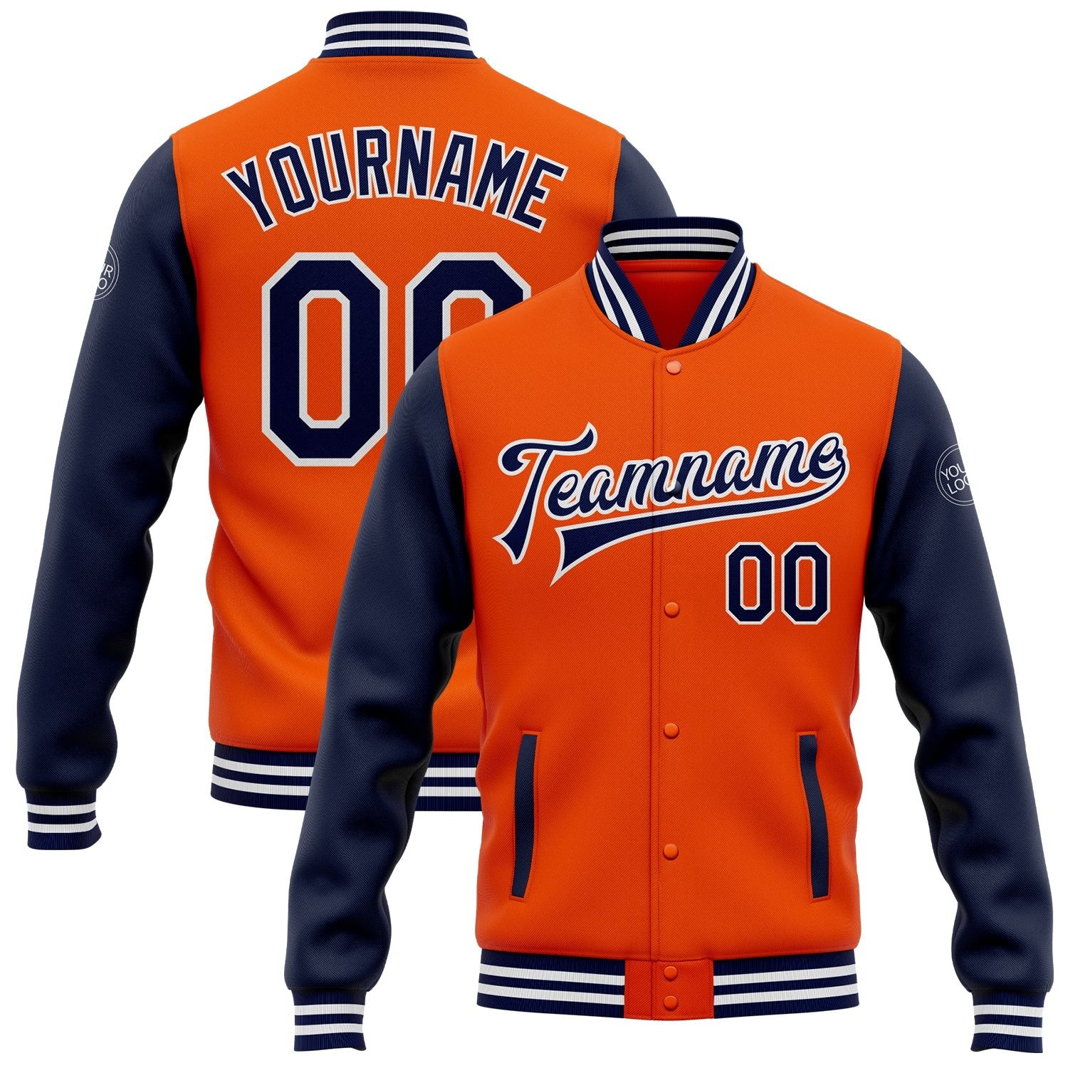 Custom Orange Navy-White Bomber Full-Snap Varsity Letterman Two Tone Jacket photo 1