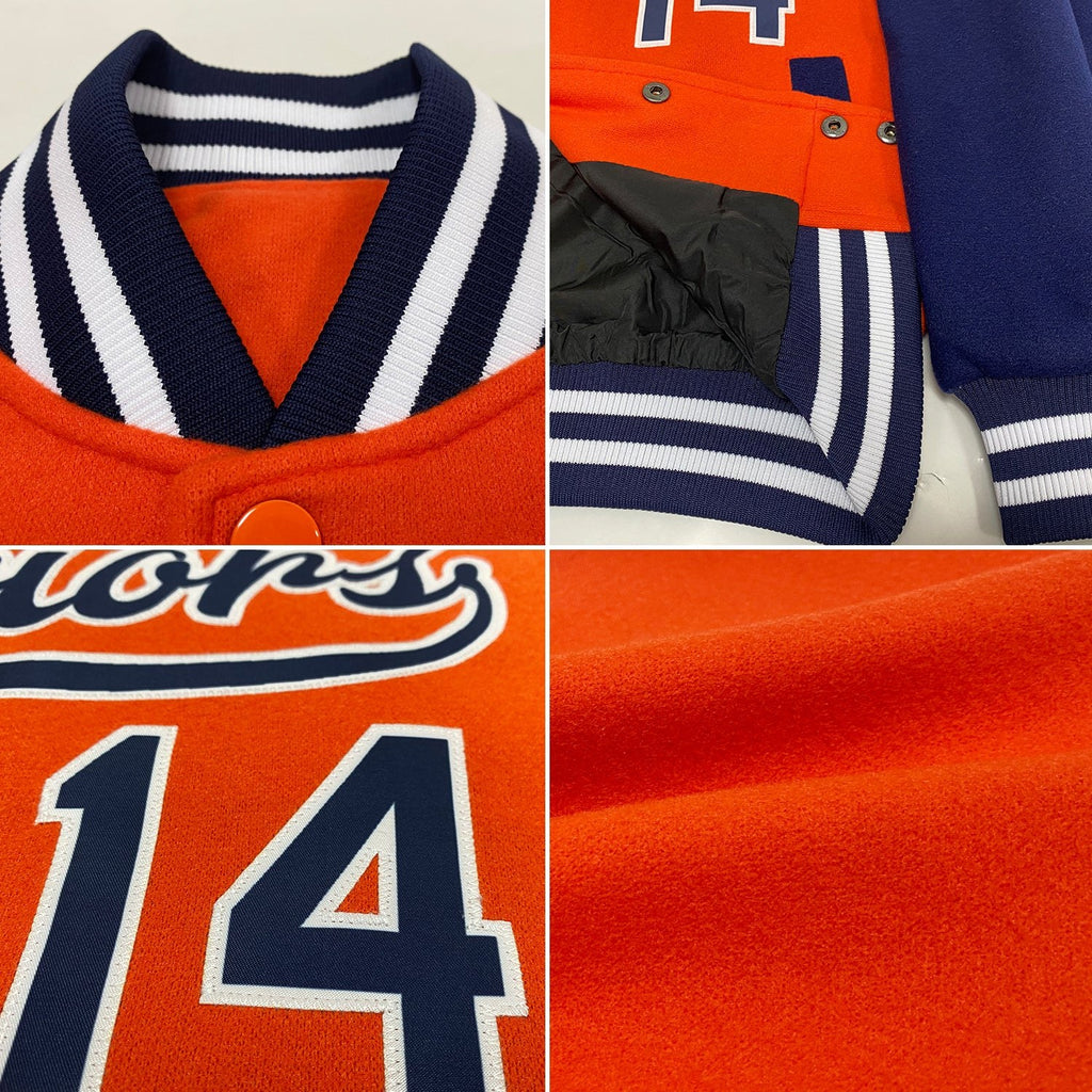 Custom Orange Navy-White Bomber Full-Snap Varsity Letterman Two Tone Jacket photo 4