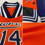 Custom Orange Navy-White Bomber Full-Snap Varsity Letterman Two Tone Jacket photo 4