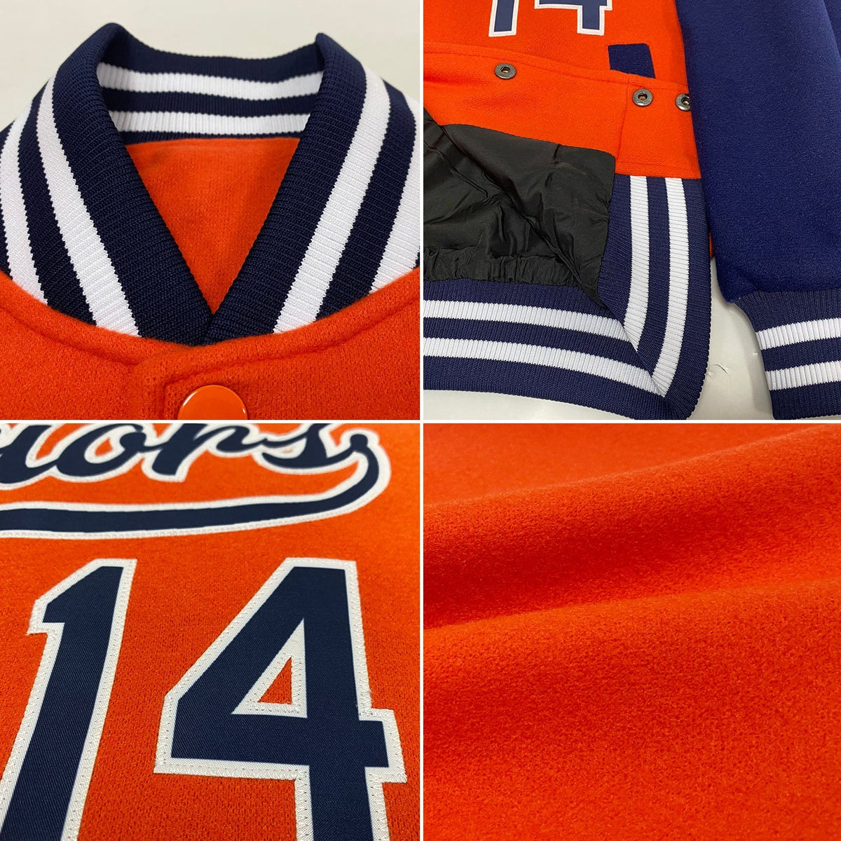 Custom Orange Navy-White Bomber Full-Snap Varsity Letterman Two Tone Jacket photo 4