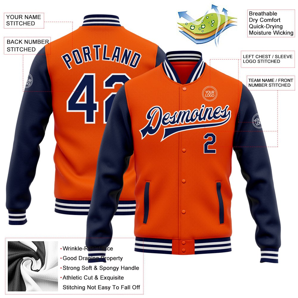 Custom Orange Navy-White Bomber Full-Snap Varsity Letterman Two Tone Jacket photo 5