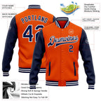 Custom Orange Navy-White Bomber Full-Snap Varsity Letterman Two Tone Jacket photo 5