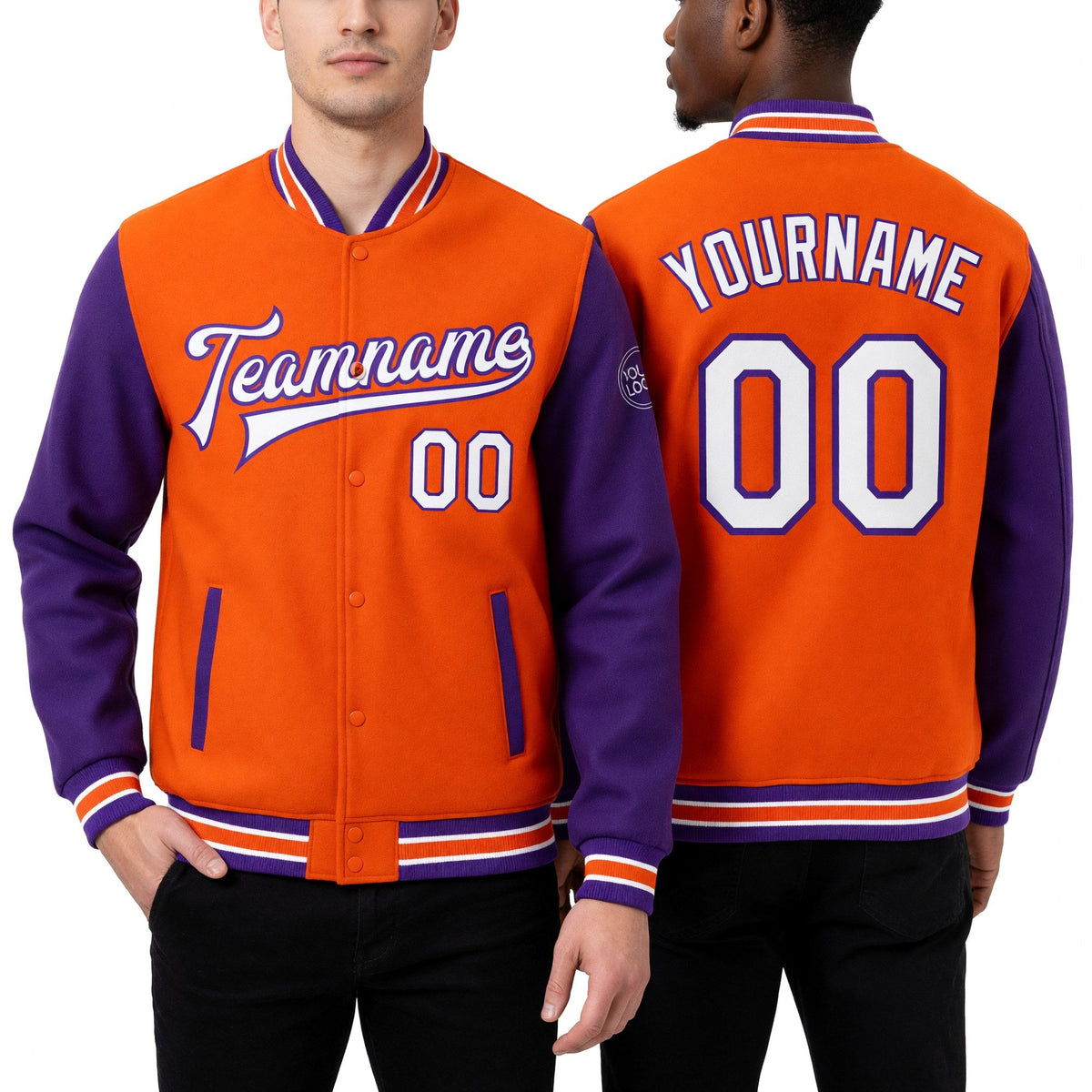 Custom Orange White-Purple Bomber Full-Snap Varsity Letterman Two Tone Jacket worn front and back