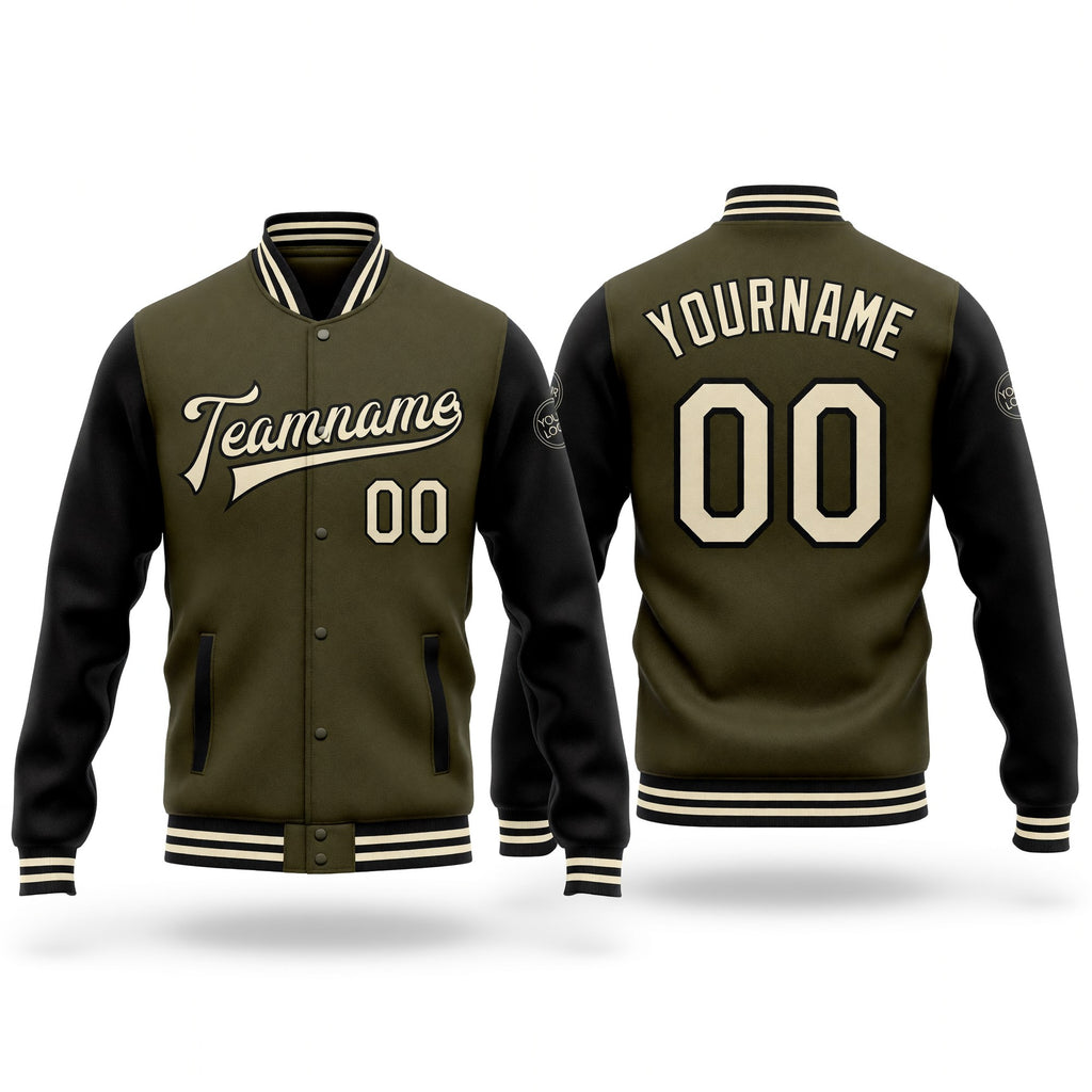 Custom Olive Cream-Black Bomber Full-Snap Varsity Letterman Two Tone Salute To Service Jacket