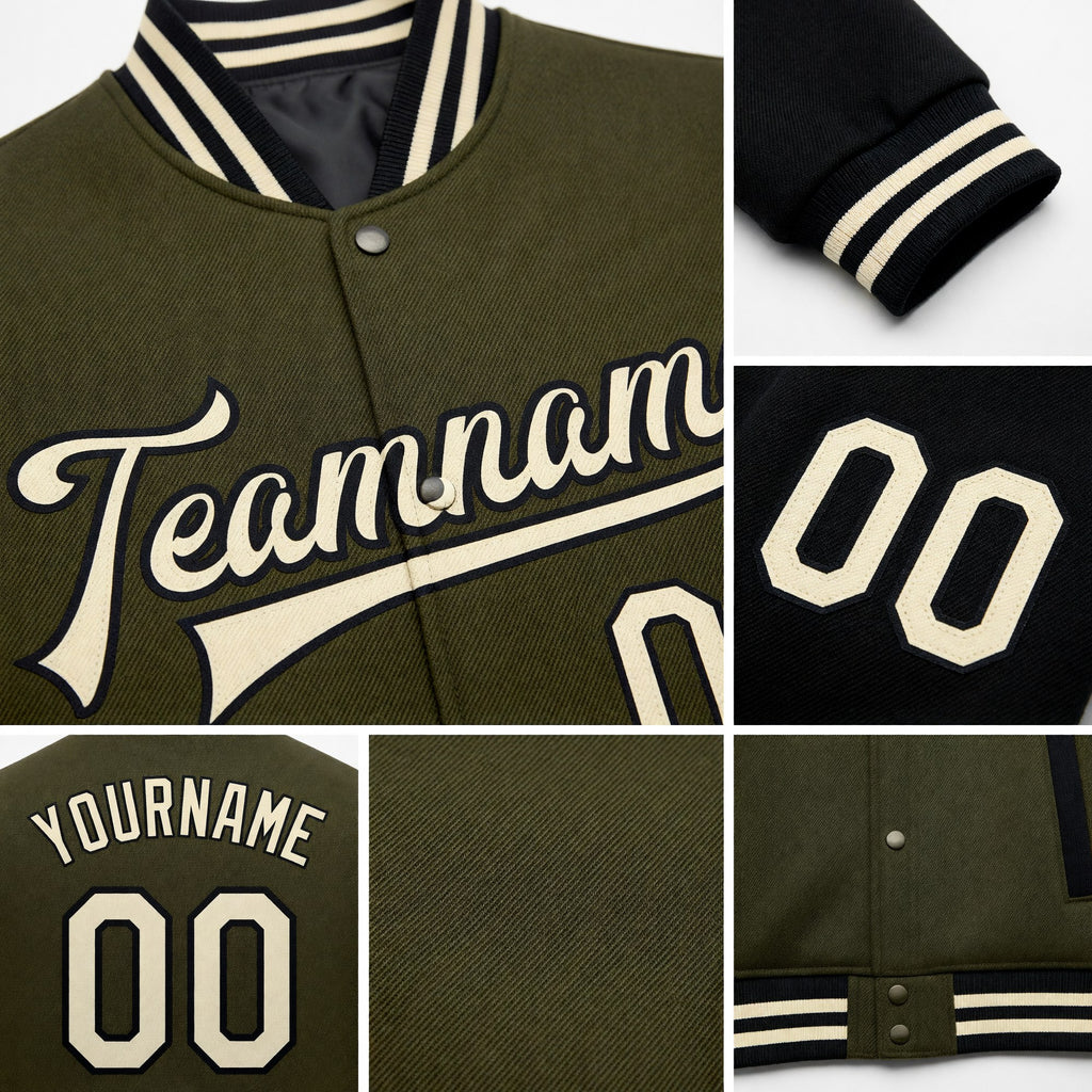 Custom Olive Cream-Black Bomber Full-Snap Varsity Letterman Two Tone Salute To Service Jacket detail