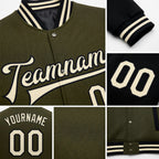 Custom Olive Cream-Black Bomber Full-Snap Varsity Letterman Two Tone Salute To Service Jacket detail