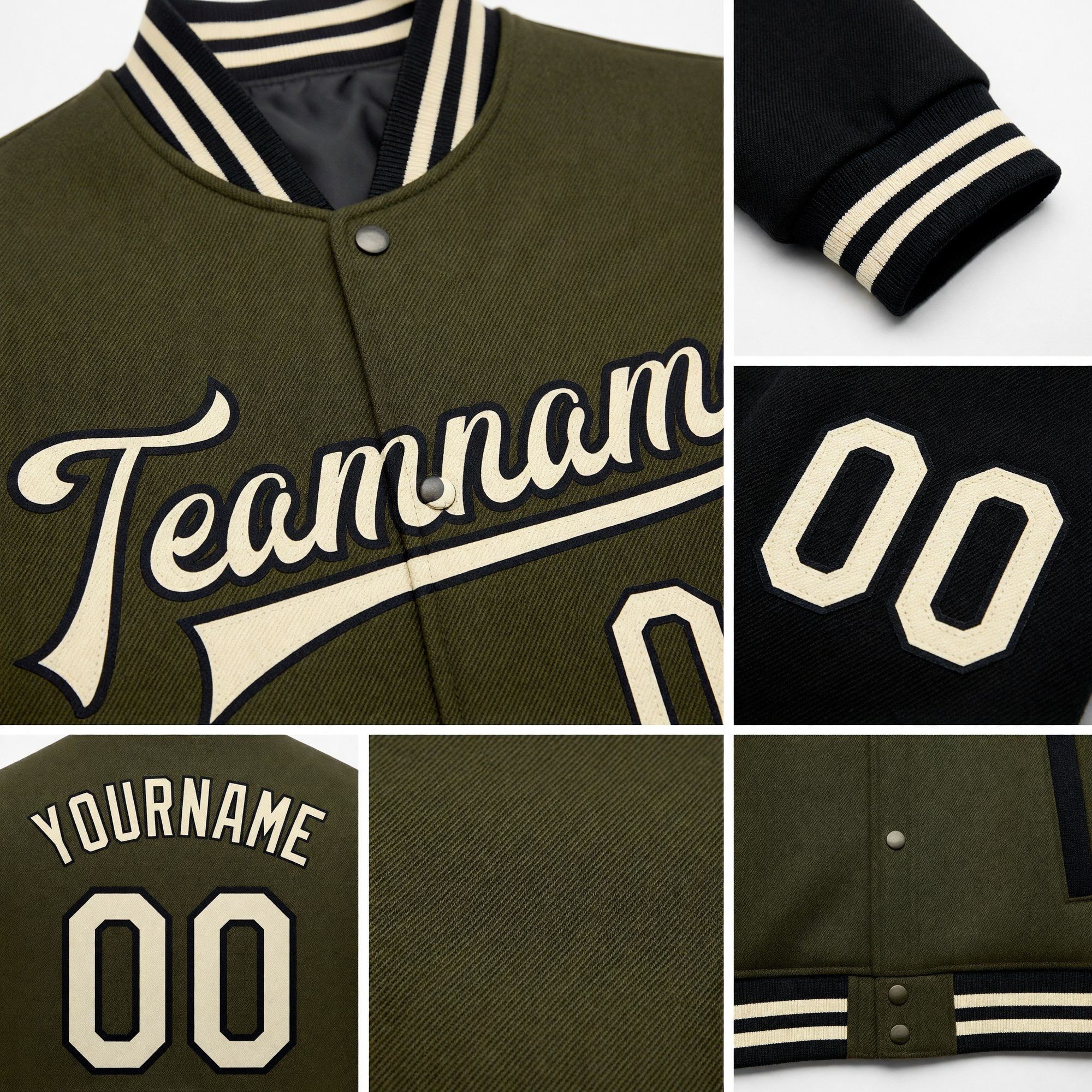 Custom Olive Cream-Black Bomber Full-Snap Varsity Letterman Two Tone Salute To Service Jacket detail