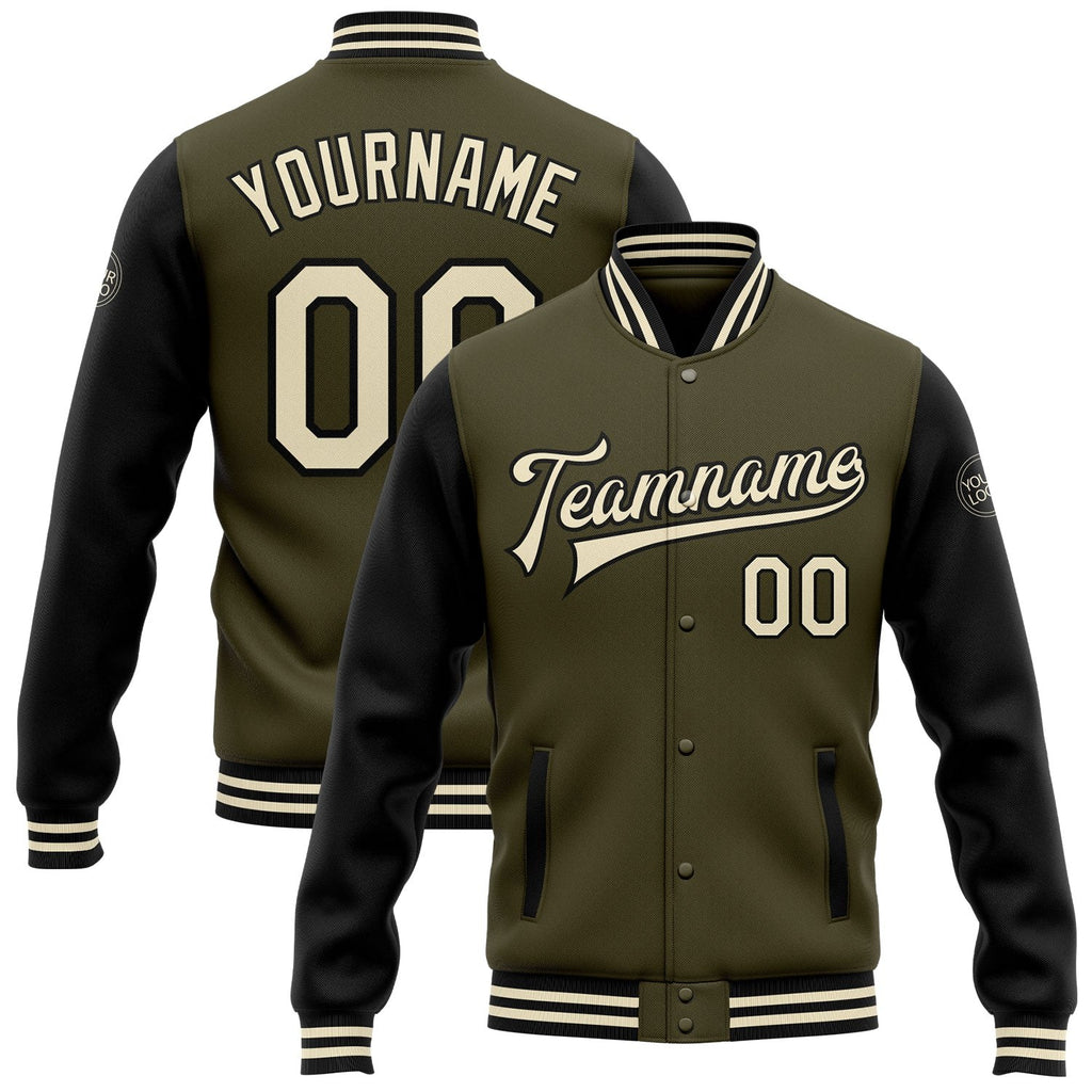 Custom Olive Cream-Black Bomber Full-Snap Varsity Letterman Two Tone Salute To Service Jacket photo 1