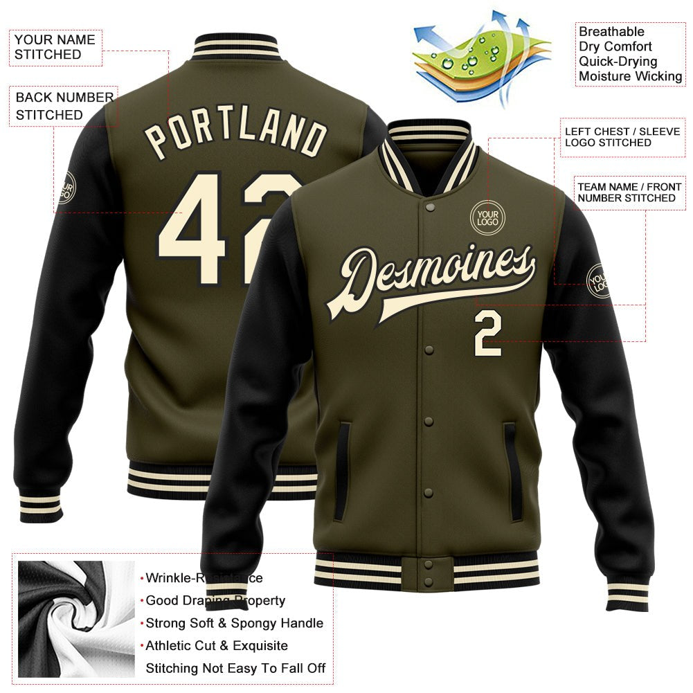 Custom Olive Cream-Black Bomber Full-Snap Varsity Letterman Two Tone Salute To Service Jacket photo 5