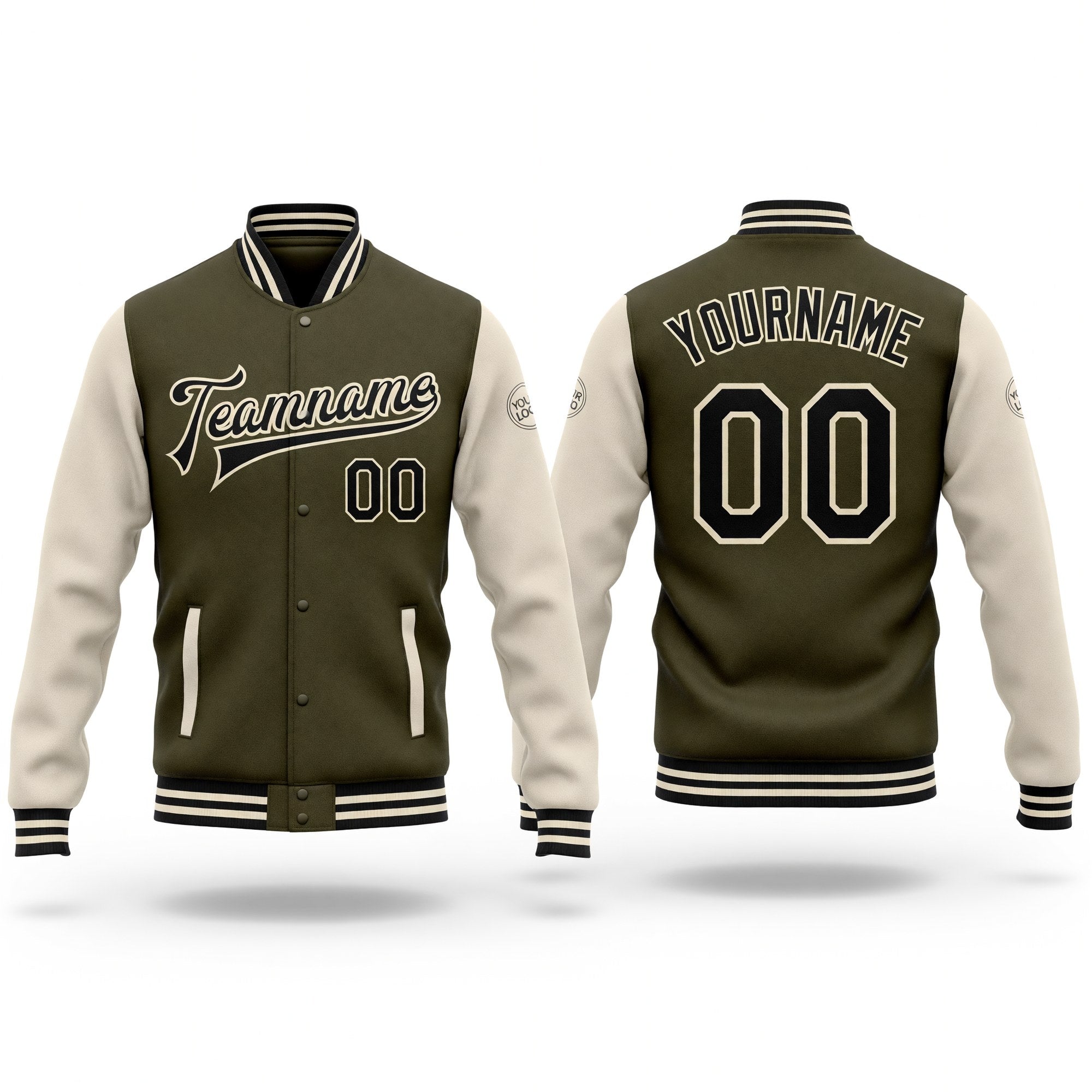 Custom Olive Black-Cream Bomber Full-Snap Varsity Letterman Two Tone Salute To Service Jacket