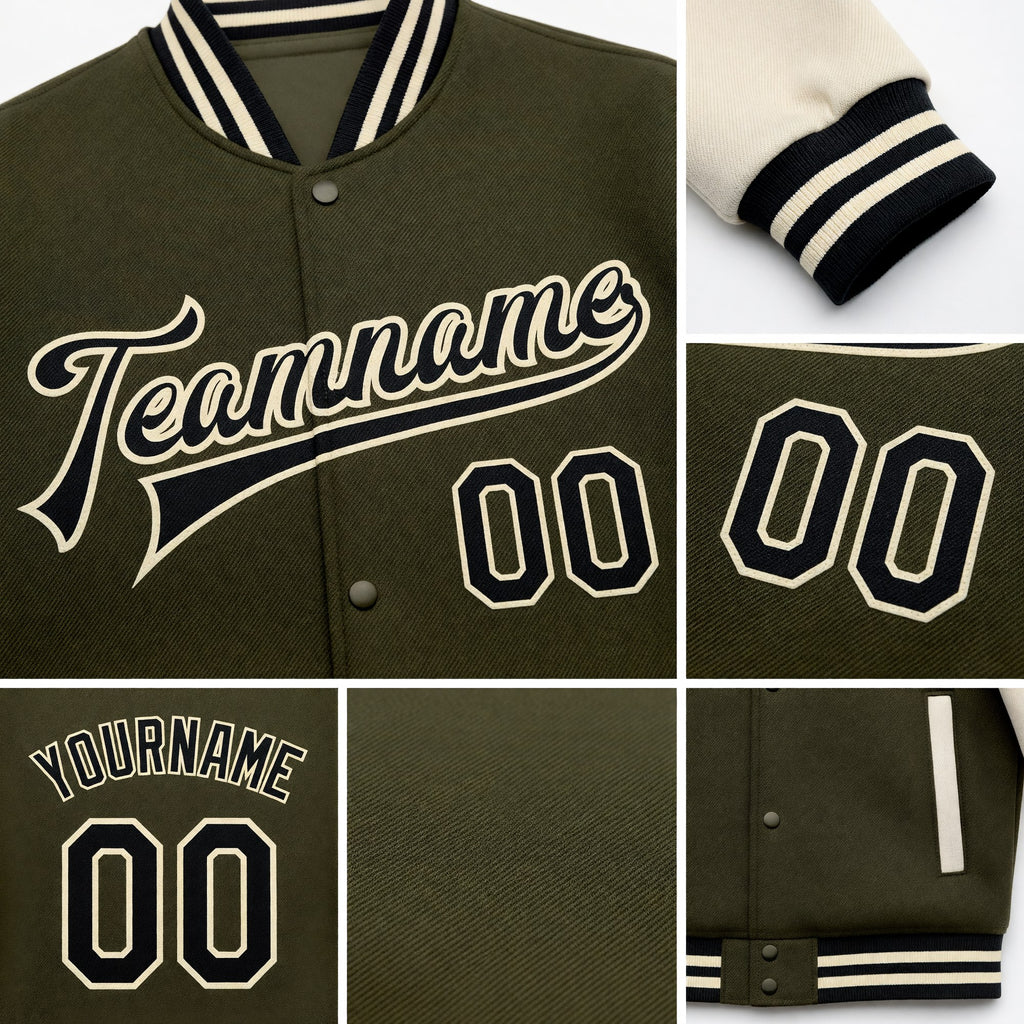 Custom Olive Black-Cream Bomber Full-Snap Varsity Letterman Two Tone Salute To Service Jacket detail