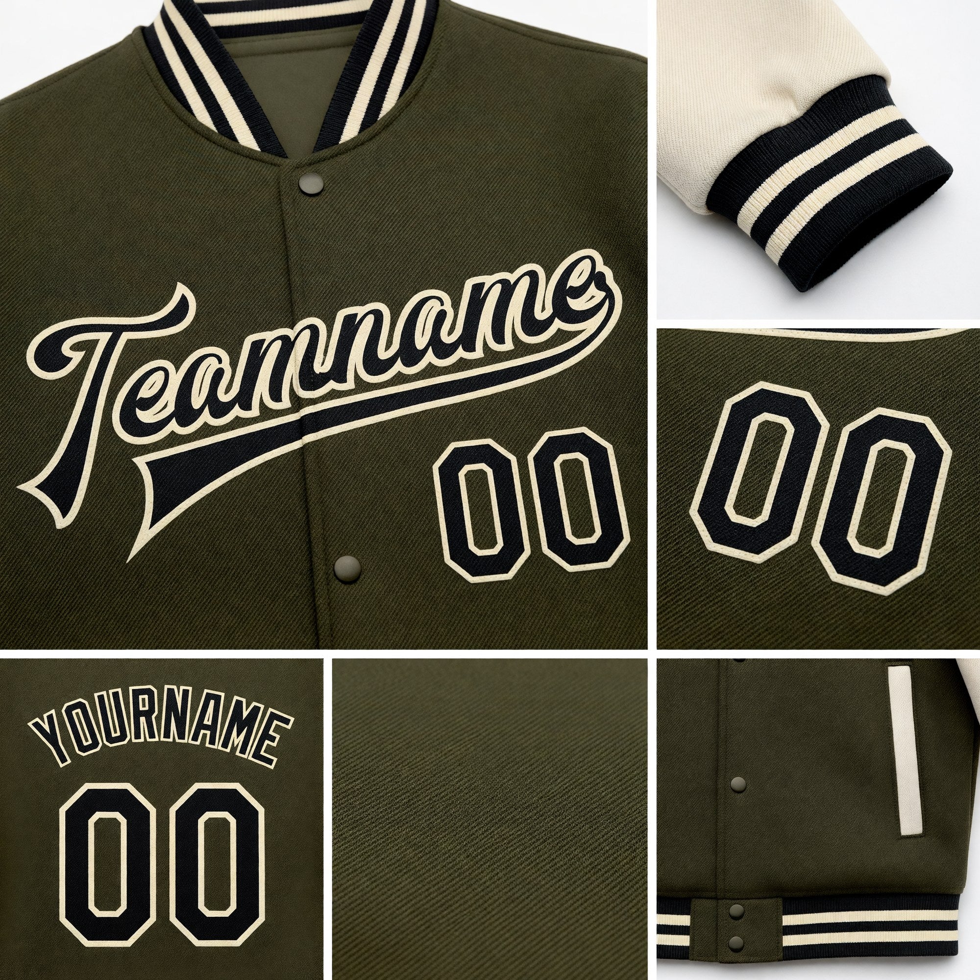 Custom Olive Black-Cream Bomber Full-Snap Varsity Letterman Two Tone Salute To Service Jacket detail