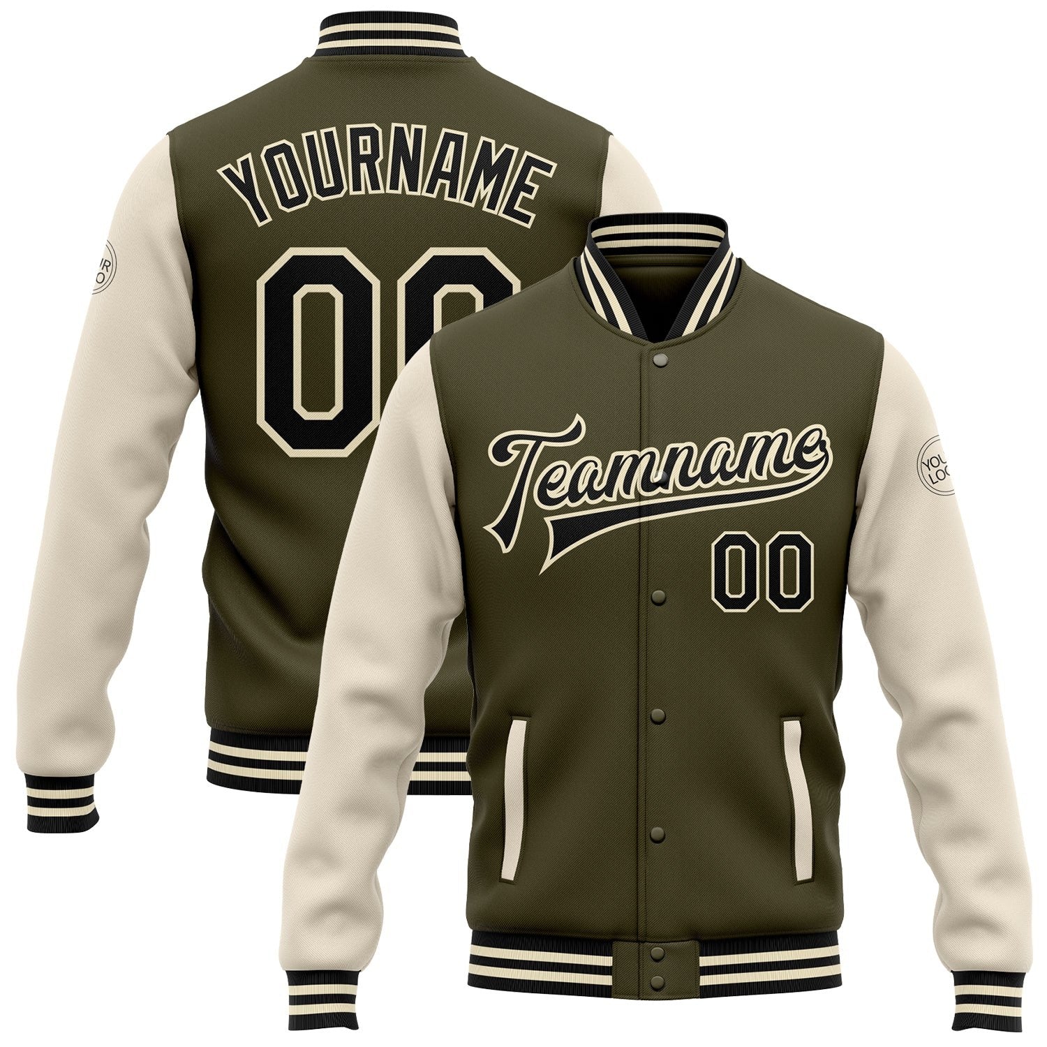Custom Olive Black-Cream Bomber Full-Snap Varsity Letterman Two Tone Salute To Service Jacket photo 1