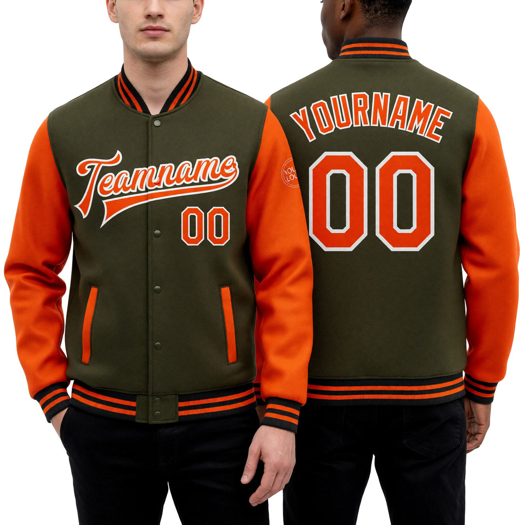 Custom Olive Orange-Black Bomber Full-Snap Varsity Letterman Two Tone Salute To Service Jacket worn front and back