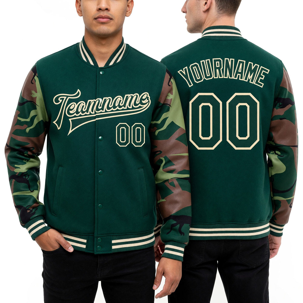 Custom Green Cream Dinosaur Camo Sleeves 3D Pattern Design Bomber Full-Snap Varsity Letterman Jacket worn front and back