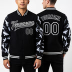 Custom Black White Flying Bird Sleeves 3D Pattern Design Bomber Full-Snap Varsity Letterman Jacket worn front and back