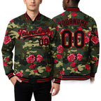 Custom Camo Black-Red Rose 3D Pattern Design Bomber Full-Snap Varsity Letterman Salute To Service Jacket worn front and back