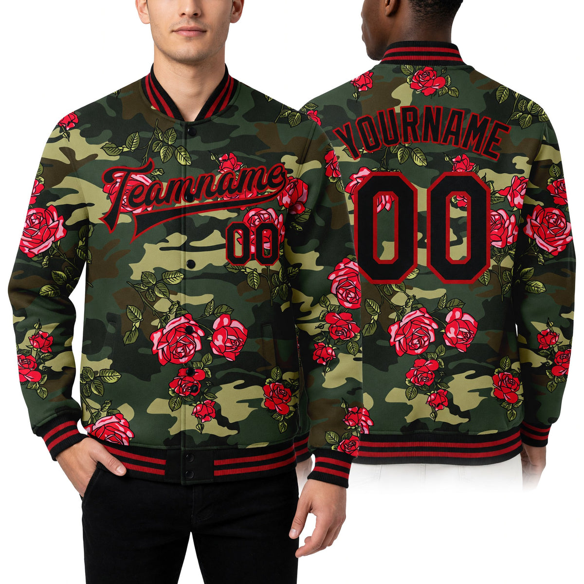Custom Camo Black-Red Rose 3D Pattern Design Bomber Full-Snap Varsity Letterman Salute To Service Jacket worn front and back