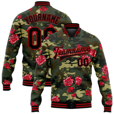 Custom Black and Red Salute To Service Camo Full Snap Bomber Varsity Jacket