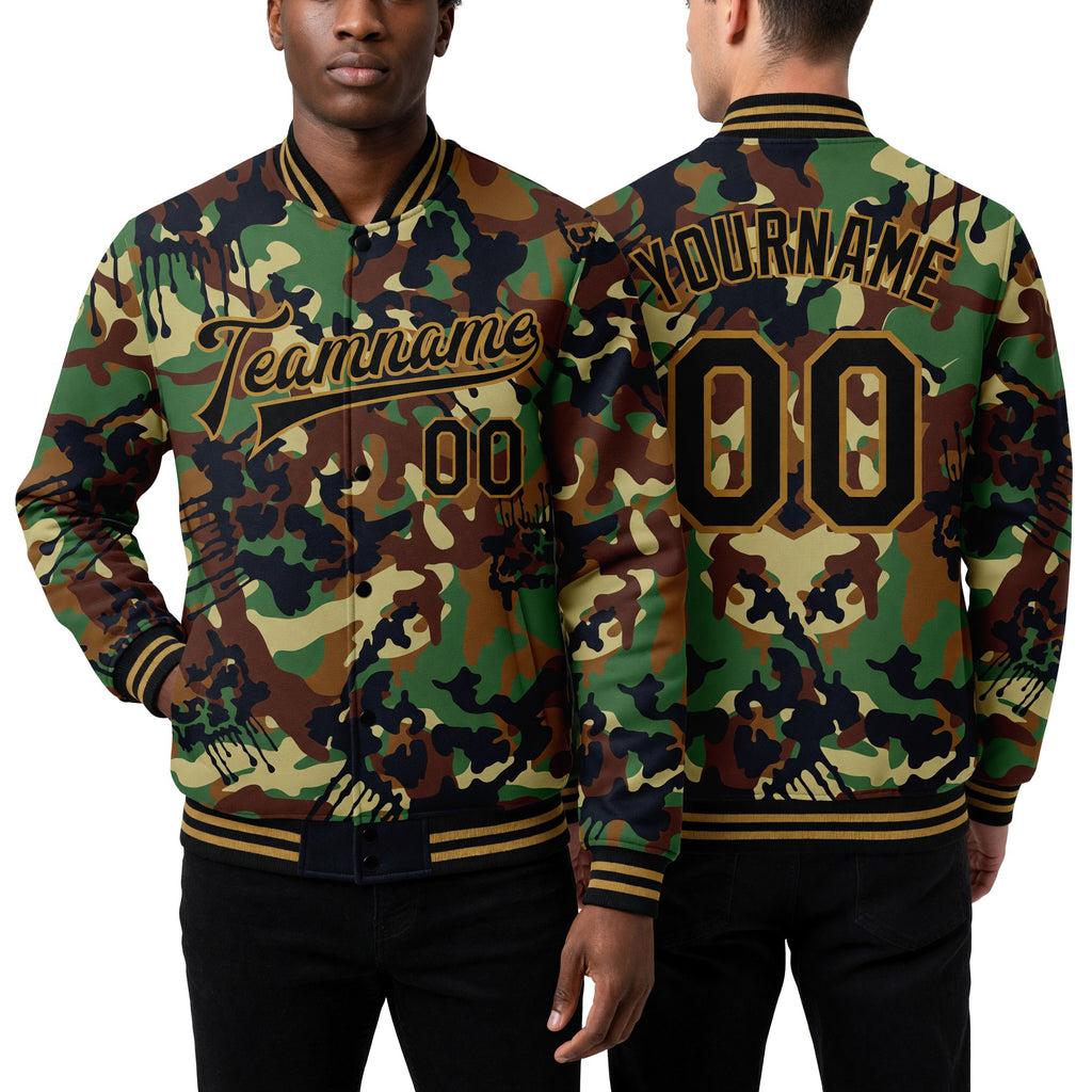 Custom Camo Black-Old Gold Graffiti Drips 3D Pattern Design Bomber Full-Snap Varsity Letterman Salute To Service Jacket worn front and back