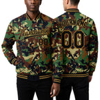 Custom Camo Black-Old Gold Graffiti Drips 3D Pattern Design Bomber Full-Snap Varsity Letterman Salute To Service Jacket worn front and back