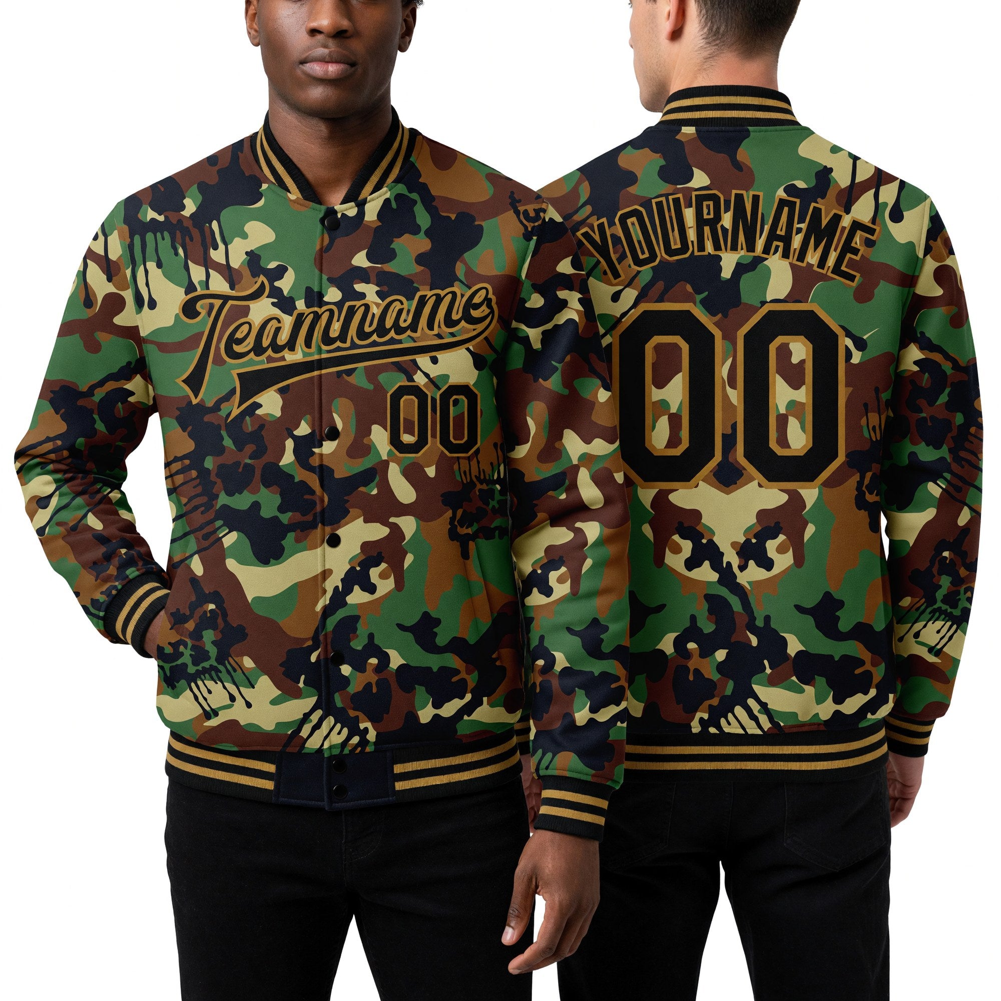 Custom Camo Black-Old Gold Graffiti Drips 3D Pattern Design Bomber Full-Snap Varsity Letterman Salute To Service Jacket worn front and back