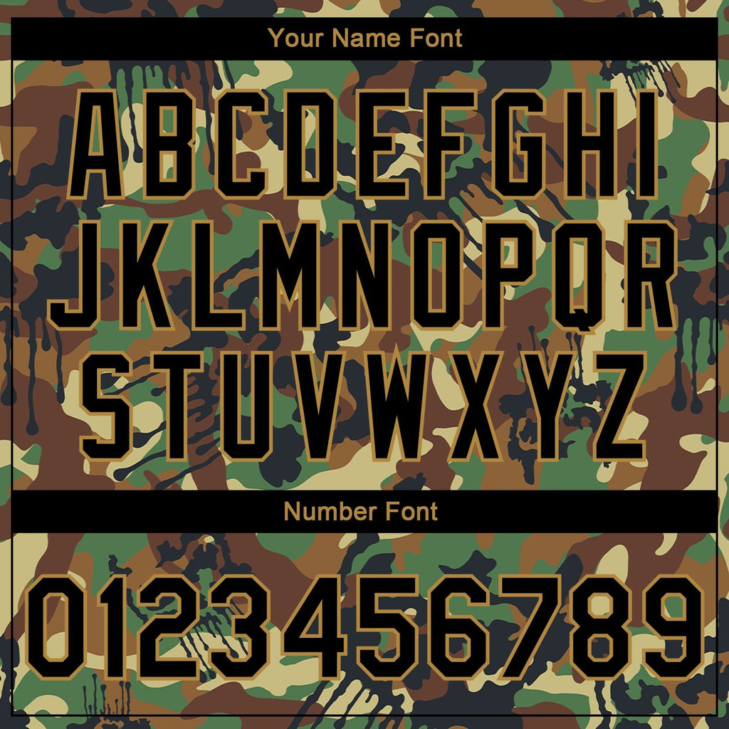 Custom Camo Black-Old Gold Graffiti Drips 3D Pattern Design Bomber Full-Snap Varsity Letterman Salute To Service Jacket photo 6