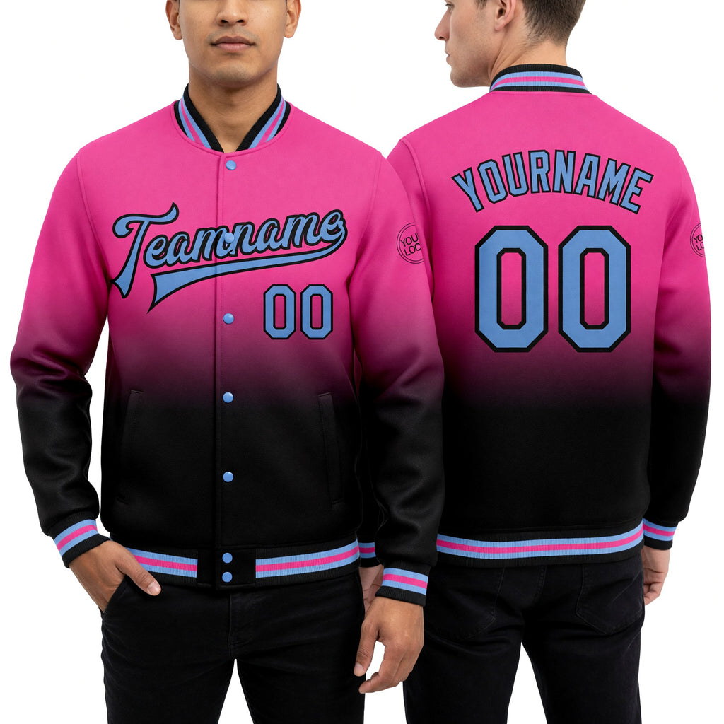 Custom Pink Light Blue-Black Bomber Full-Snap Varsity Letterman Fade Fashion Jacket worn front and back