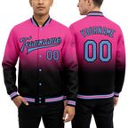 Custom Pink Light Blue-Black Bomber Full-Snap Varsity Letterman Fade Fashion Jacket worn front and back