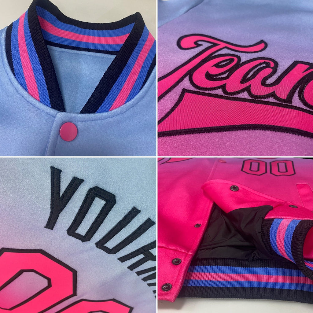 Custom Pink Light Blue-Black Bomber Full-Snap Varsity Letterman Fade Fashion Jacket photo 4
