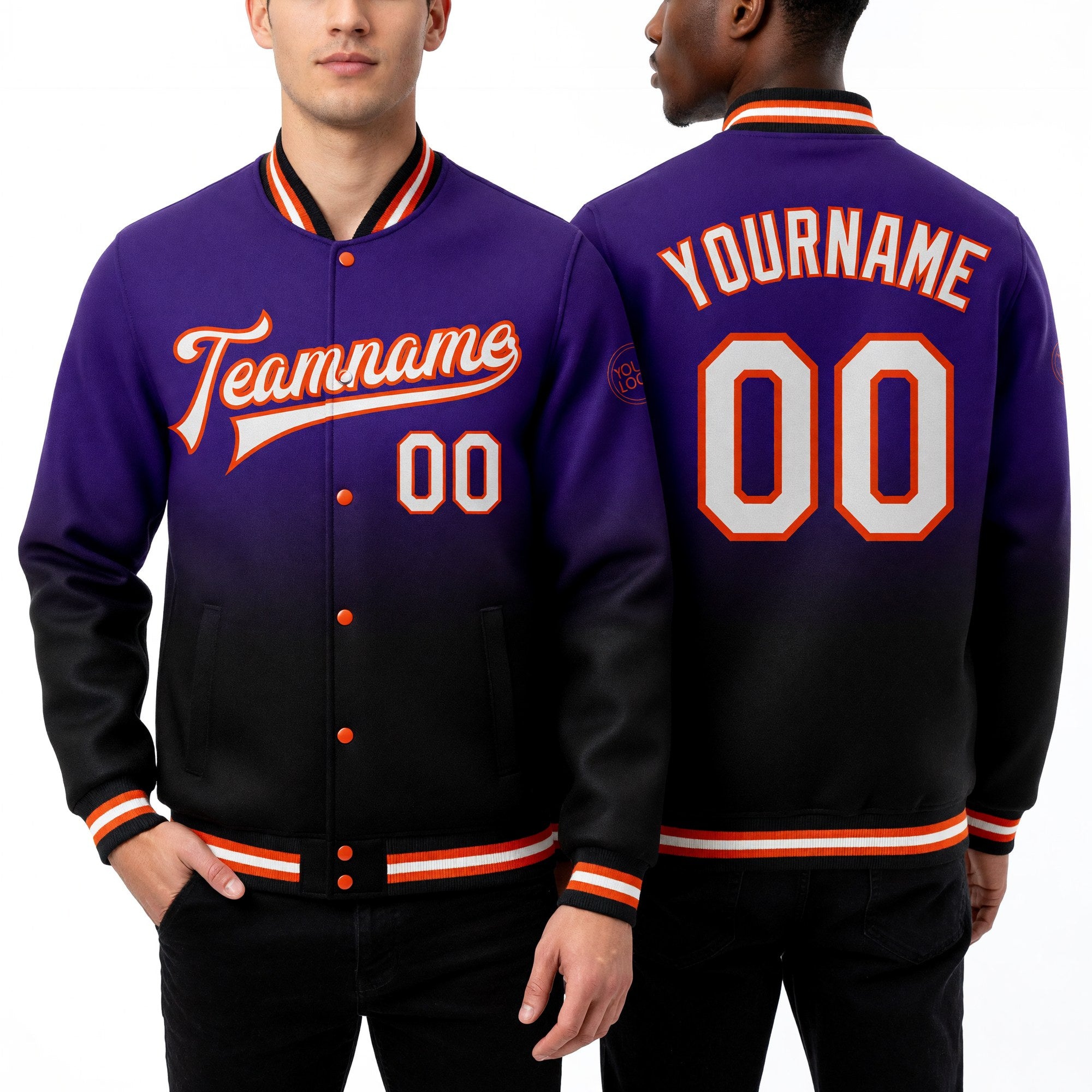 Custom Purple White Black-Orange Bomber Full-Snap Varsity Letterman Fade Fashion Jacket worn front and back