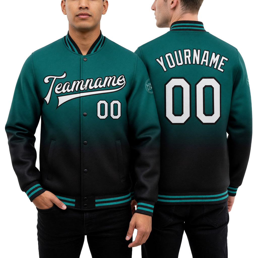 Custom Teal White-Black Bomber Full-Snap Varsity Letterman Fade Fashion Jacket worn front and back