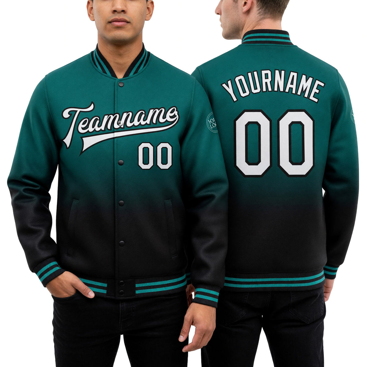 Custom Teal White-Black Bomber Full-Snap Varsity Letterman Fade Fashion Jacket worn front and back