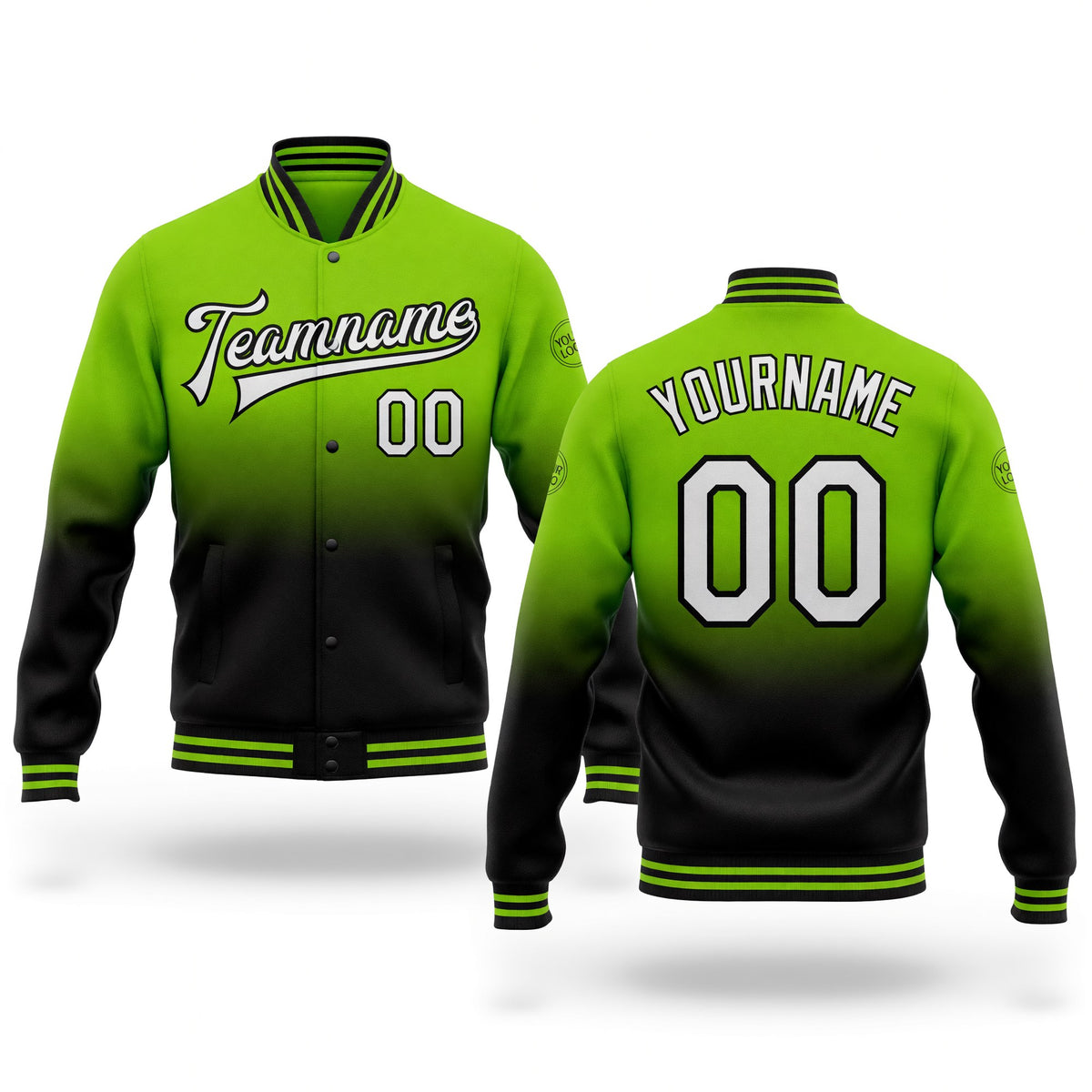 Custom Neon Green White-Black Bomber Full-Snap Varsity Letterman Fade Fashion Jacket