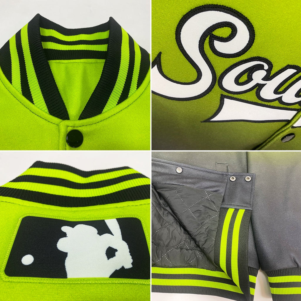 Custom Neon Green White-Black Bomber Full-Snap Varsity Letterman Fade Fashion Jacket photo 4