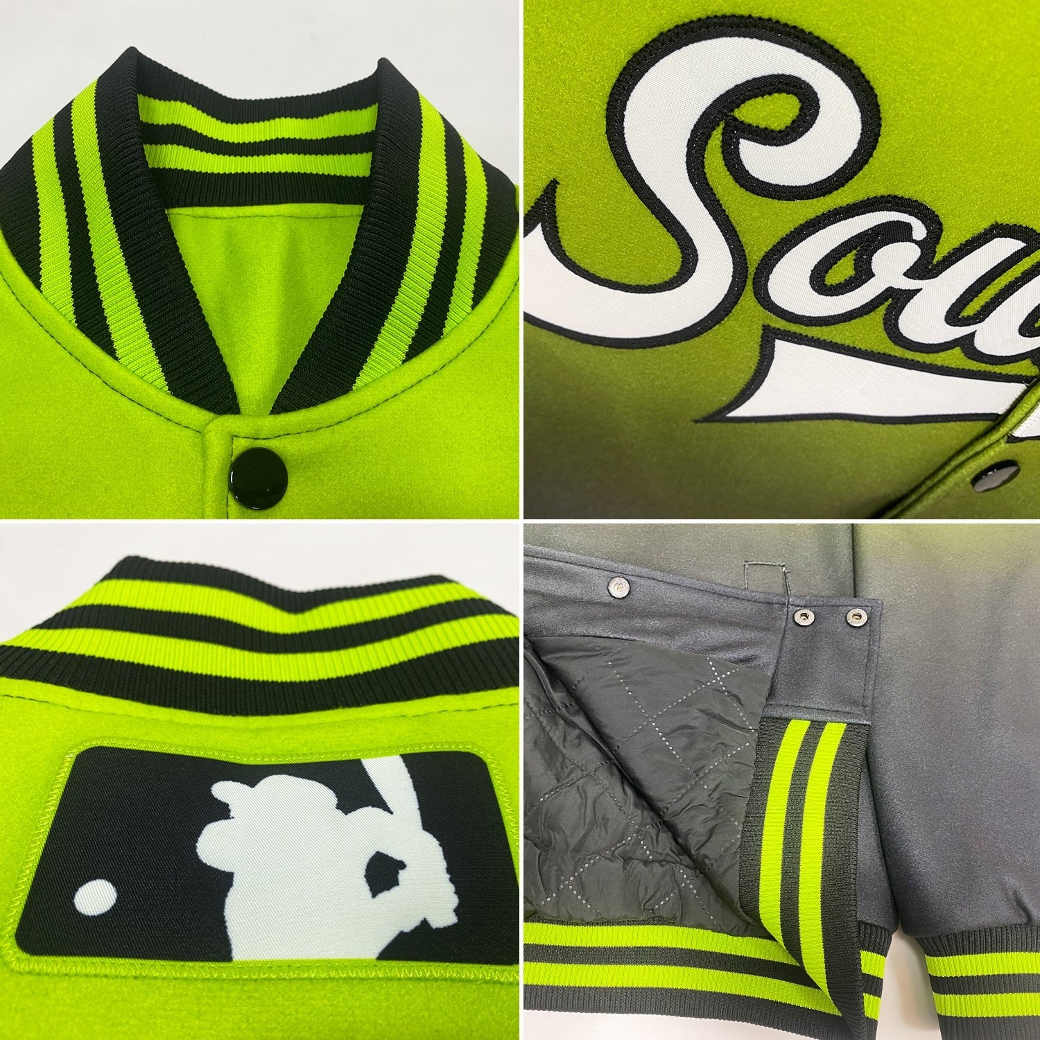 Custom Neon Green White-Black Bomber Full-Snap Varsity Letterman Fade Fashion Jacket photo 4