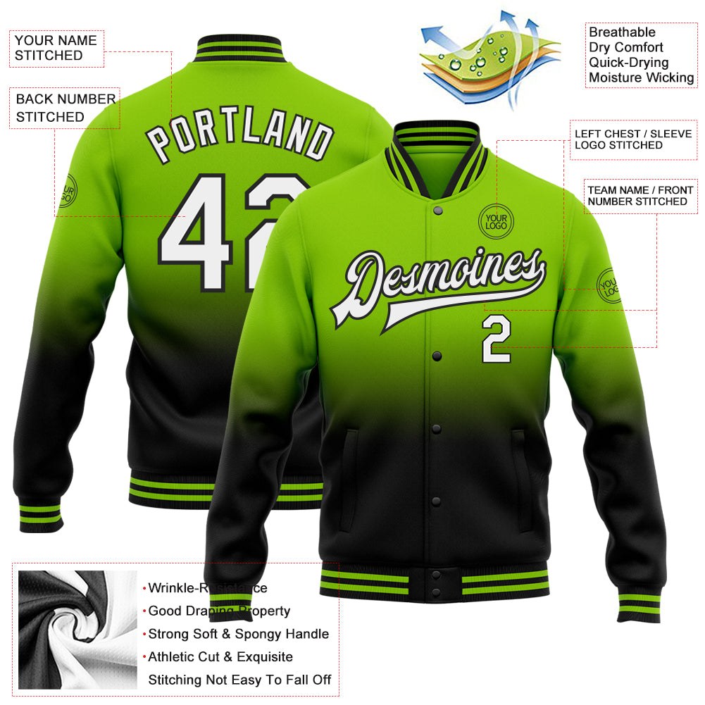 Custom Neon Green White-Black Bomber Full-Snap Varsity Letterman Fade Fashion Jacket photo 5