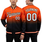Custom Orange White-Black Bomber Full-Snap Varsity Letterman Fade Fashion Jacket worn front and back