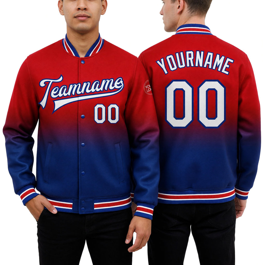 Custom Red White-Royal Bomber Full-Snap Varsity Letterman Fade Fashion Jacket worn front and back