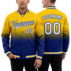 Custom Yellow White-Royal Bomber Full-Snap Varsity Letterman Fade Fashion Jacket worn front and back