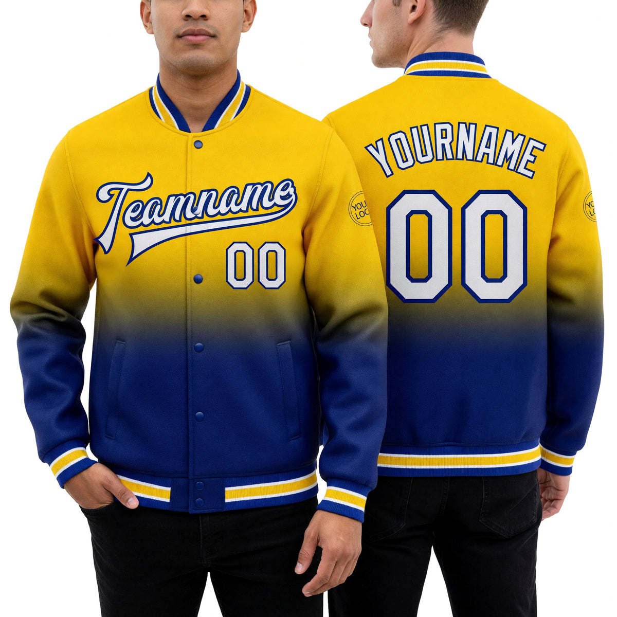 Custom Yellow White-Royal Bomber Full-Snap Varsity Letterman Fade Fashion Jacket worn front and back