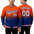 Custom Orange White-Royal Bomber Full-Snap Varsity Letterman Fade Fashion Jacket worn front and back
