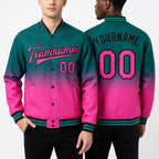 Custom Teal Pink-Black Bomber Full-Snap Varsity Letterman Fade Fashion Jacket worn front and back