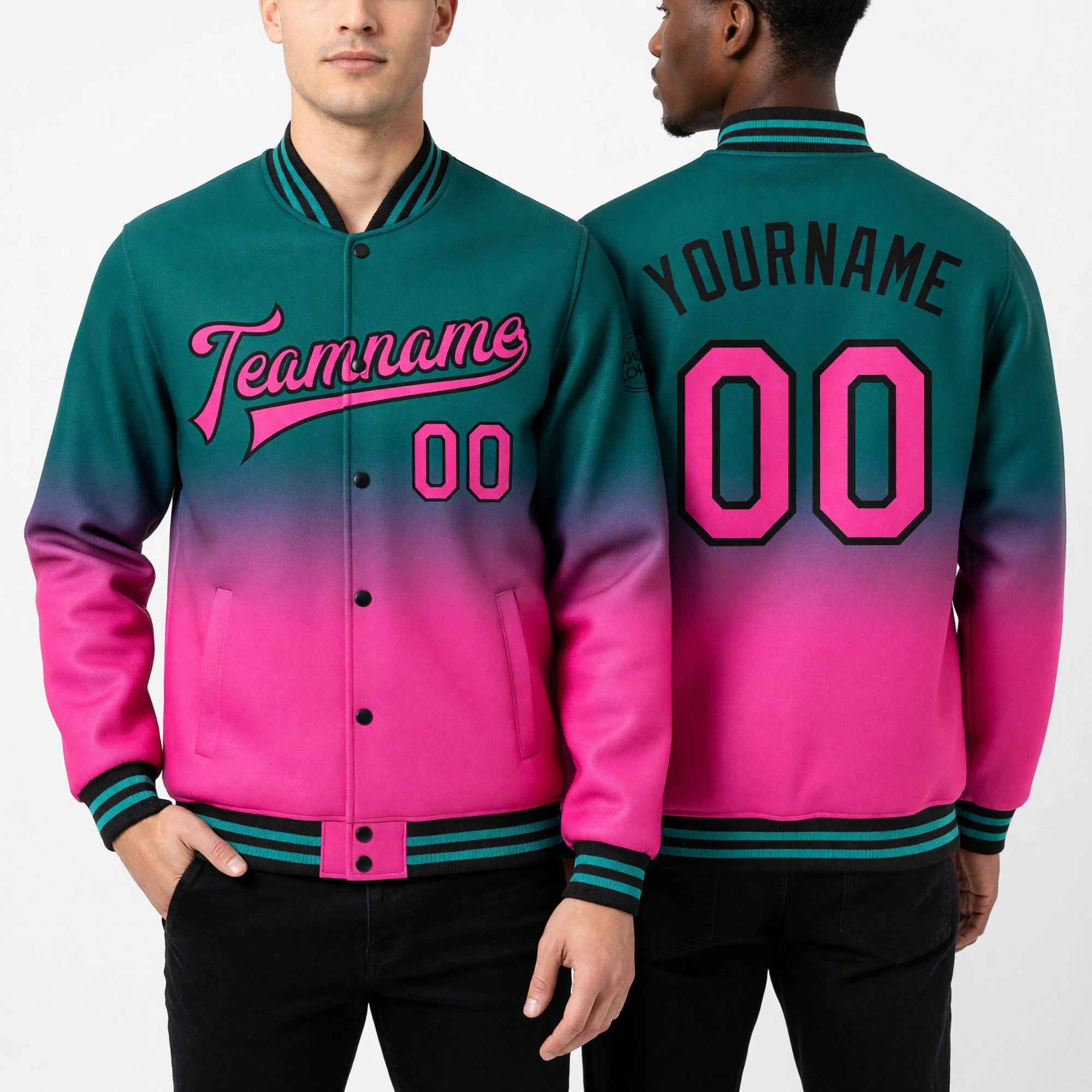 Custom Teal Pink-Black Bomber Full-Snap Varsity Letterman Fade Fashion Jacket worn front and back