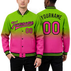 Custom Neon Green Pink-Black Bomber Full-Snap Varsity Letterman Fade Fashion Jacket worn front and back